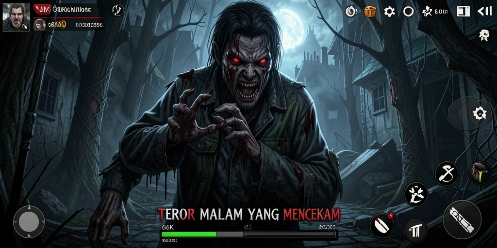 Tampilan gameplay mencekam 66K dengan suasana horor yang kental.