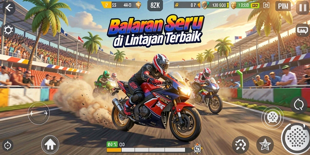 Tangkapan layar gameplay 8ZK menampilkan balapan penuh aksi dan kendaraan yang beragam.