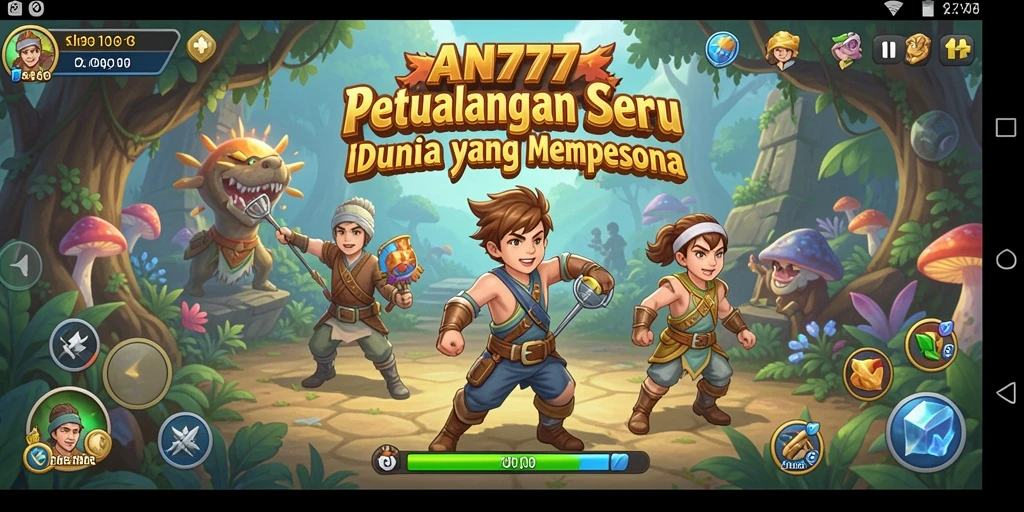 Tampilan gameplay AN777 menunjukkan lingkungan petualangan yang indah dan karakter menarik.