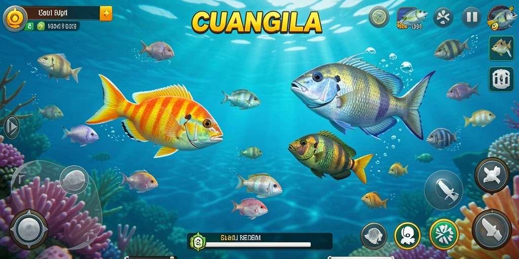 Tampilan gameplay CUANGILA saat menangkap ikan di bawah laut.