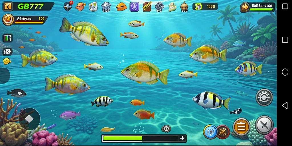 Tampilan gameplay GB777 dengan aksi menembak ikan yang seru.