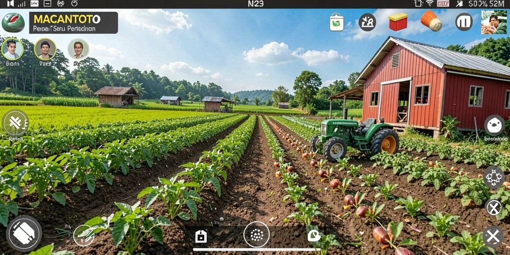 Tangkapan layar gameplay MACANTOTO menunjukkan suasana pertanian yang hidup.