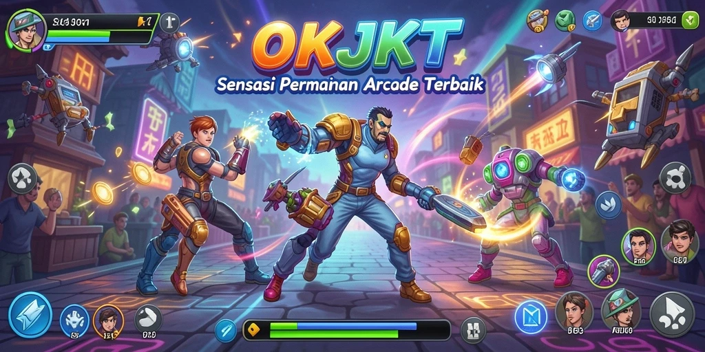 Screenshot utama OKJKT menunjukkan aksi seru dalam permainan Arcade.