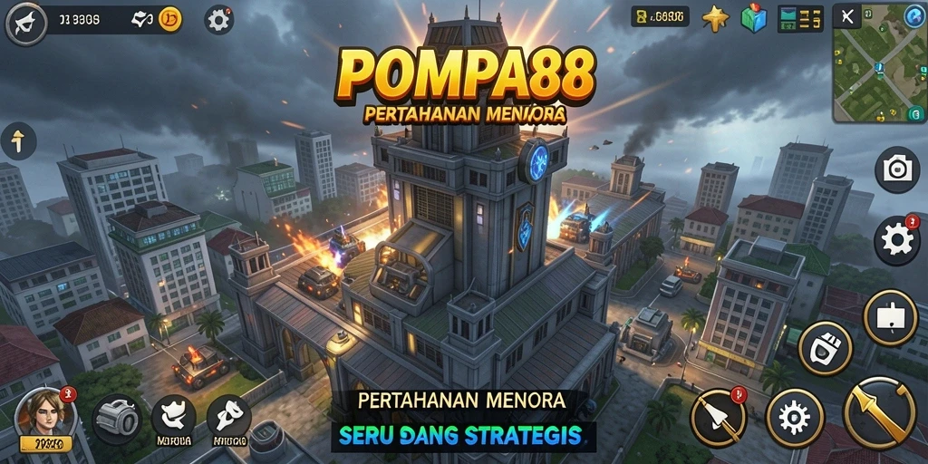Screenshot POMPA88 menampilkan aksi menara pertahanan dalam melawan gelombang musuh.